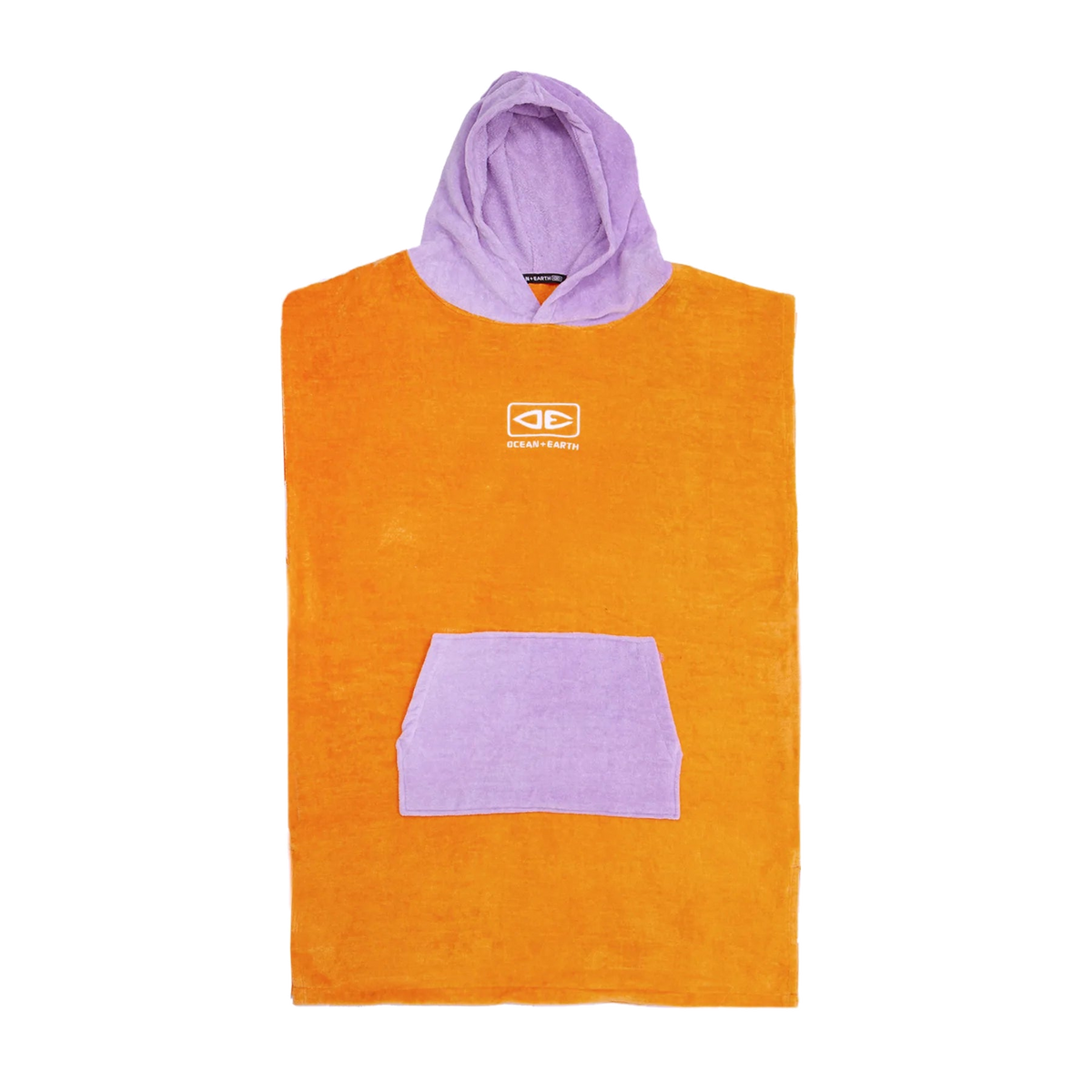 Ocean & Earth Youth Hooded Poncho: Orange youth poncho with Lavender hood and pocket