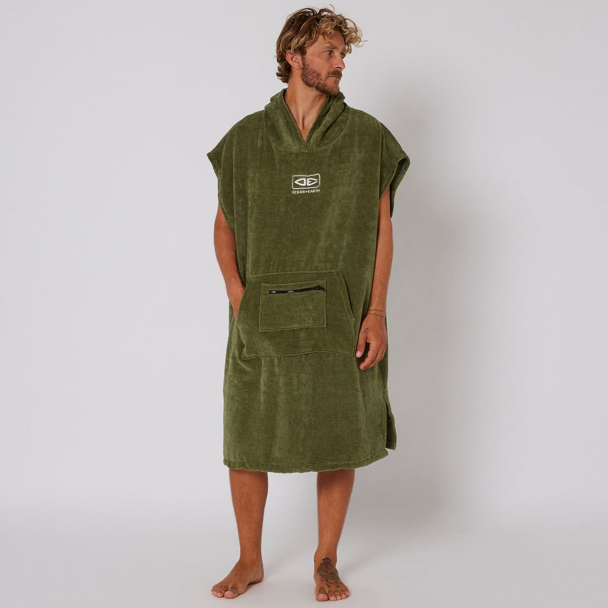 Ocean & Earth Corp Hooded Poncho: Military Corp poncho worn, full front view