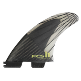 FCS II Carver Tri Fins - PC Carbon + AirCore: swept carbon fin with Eucalyptus lettering and an exposed internal framework