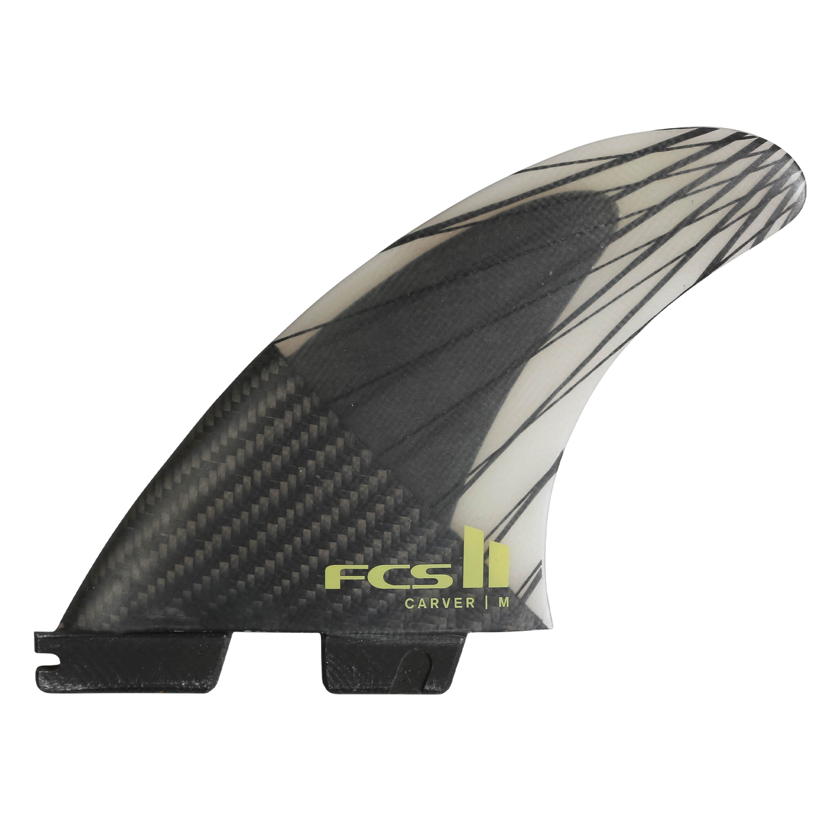 FCS II Carver Tri Fins - PC Carbon + AirCore: swept carbon fin with Eucalyptus lettering and an exposed internal framework