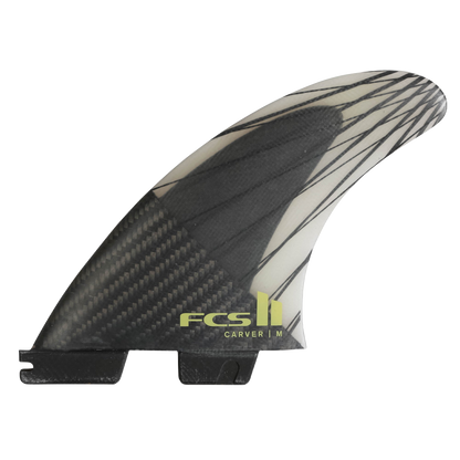 FCS II Carver Tri Fins - PC Carbon + AirCore: swept carbon fin with Eucalyptus lettering and an exposed internal framework