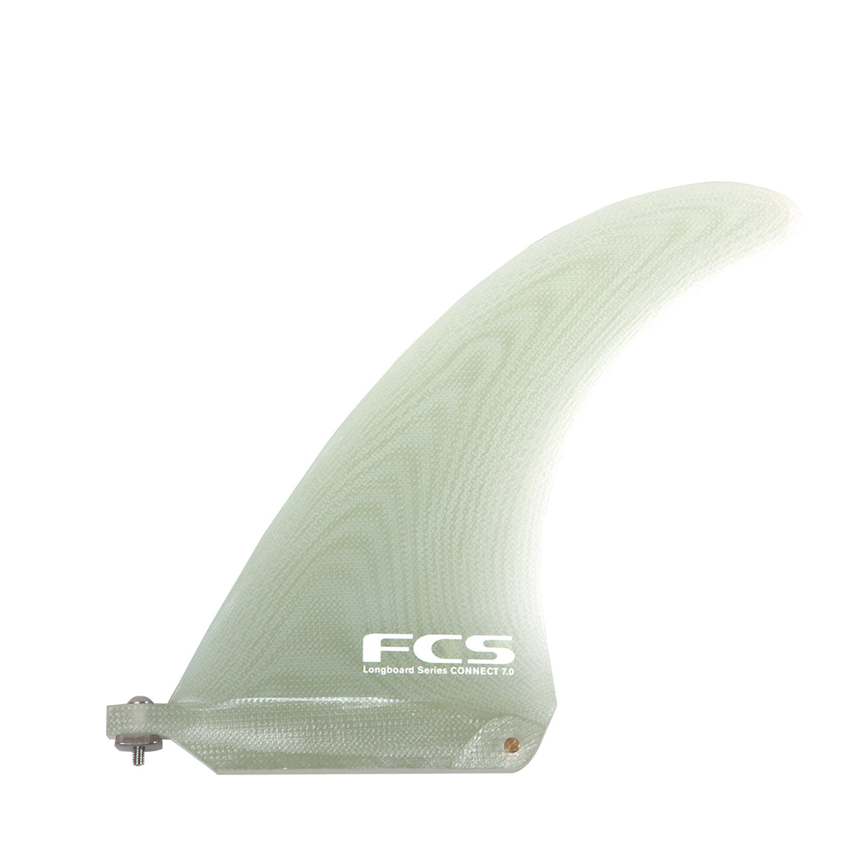 Clear FCS Connect Performance Glass longboard fin showing glass layers and screw fastening