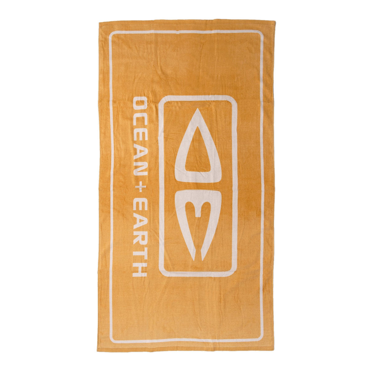 Ocean & Earth Priority Beach Towel: Gold logo beach towel laid flat