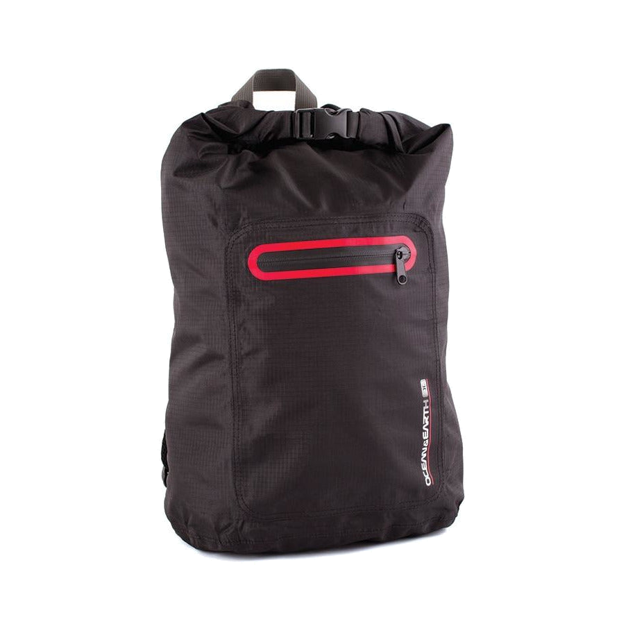 Ocean & Earth TravelLite Waterproof Backpack: front with red-trimmed pocket