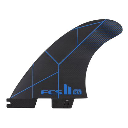 FCS II Kolohe Andino Tri Fins - Performance Core: black and Blue fin with fine blue geometric lines
