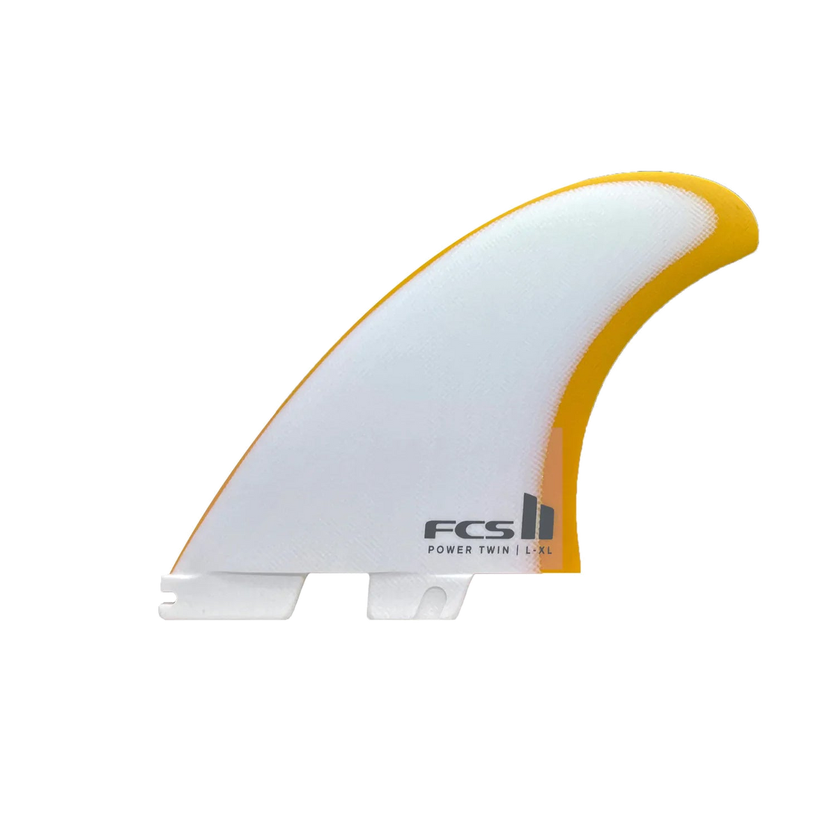 FCS II Power Twin Fin Set - Performance Glass: mango Power Twin fin with pale centre and yellow edge