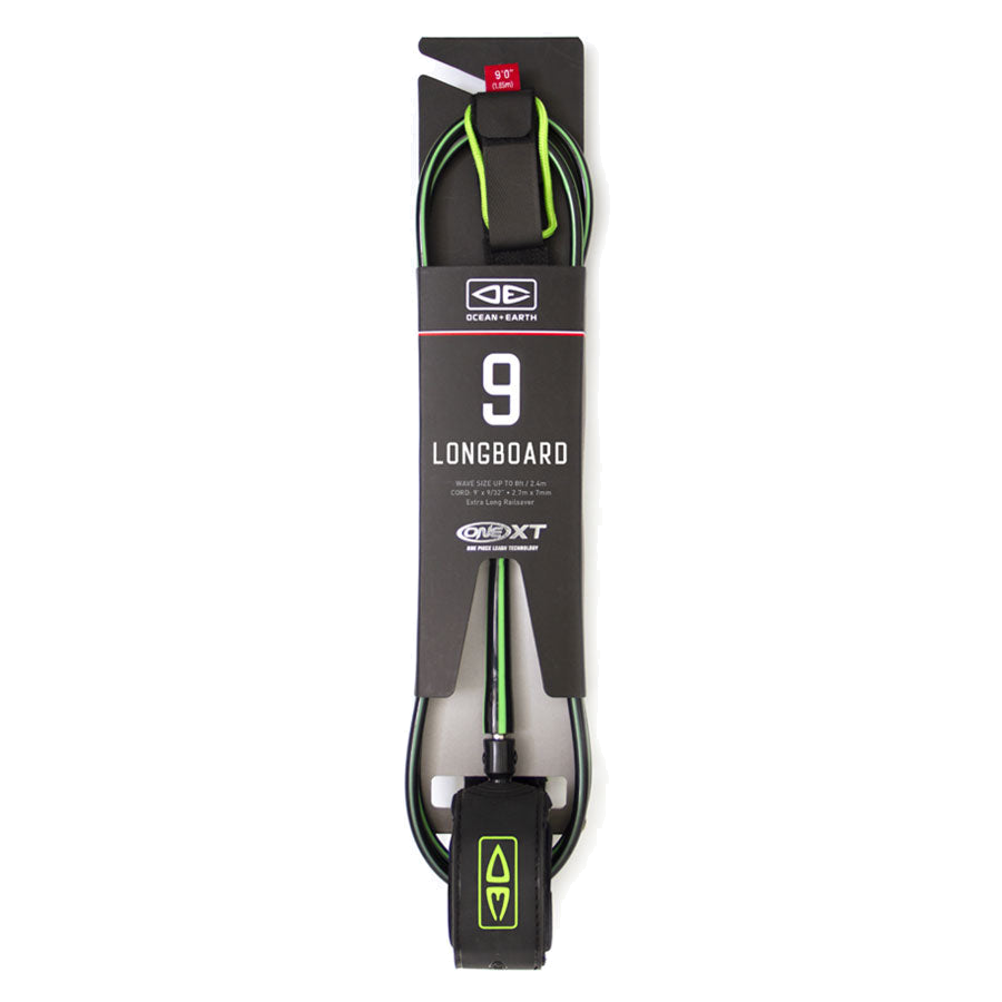 Ocean & Earth Longboard Premium One-XT Leash – 9 ft: Lime longboard leash in retail packaging, full view