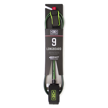 Ocean & Earth Longboard Premium One-XT Leash – 9 ft: Lime longboard leash in retail packaging, full view