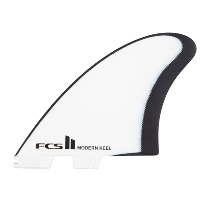 White JS Modern Keel fin with black border and FCS II branding