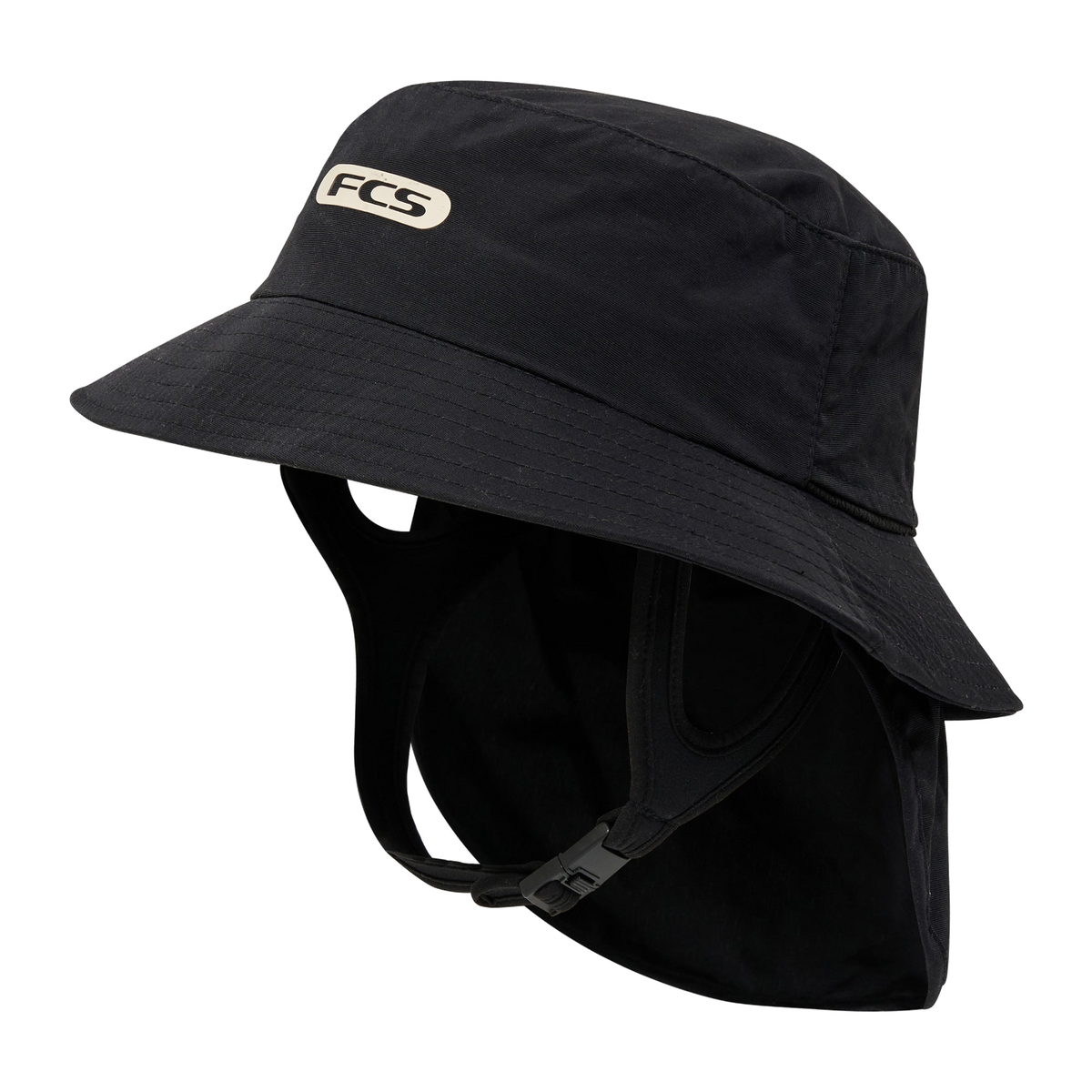 FCS Essential Surf Bucket Hat: black bucket hat with neck flap