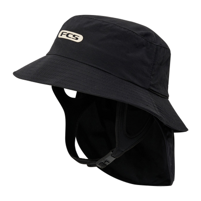 FCS Essential Surf Bucket Hat: black bucket hat with neck flap