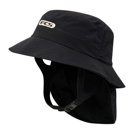 FCS Essential Surf Bucket Hat: black bucket hat with neck flap
