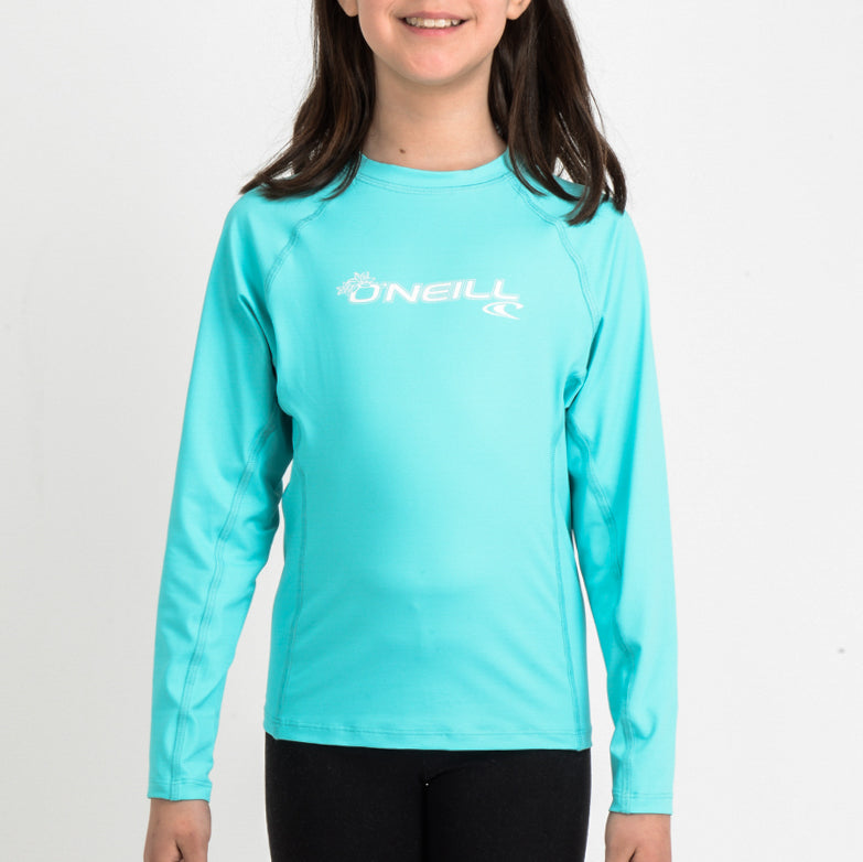 O'Neill Girls’ Long Sleeve Rash Vest — Teal Blue, front view