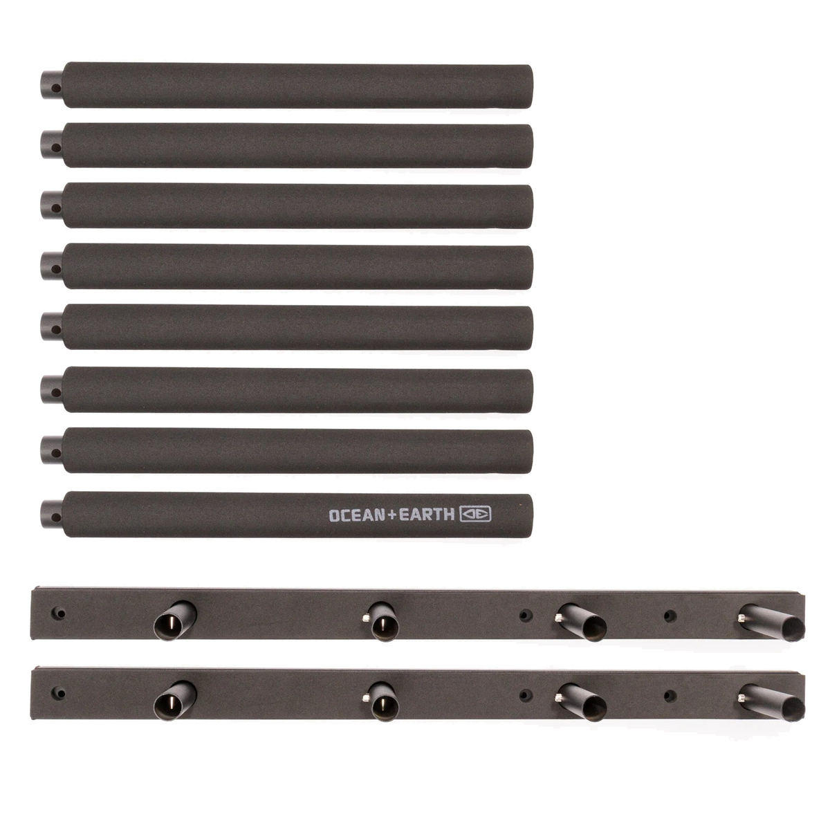 Ocean & Earth Surfboard Stack Rax – Pair: Rack pair disassembled with mounting hardware
