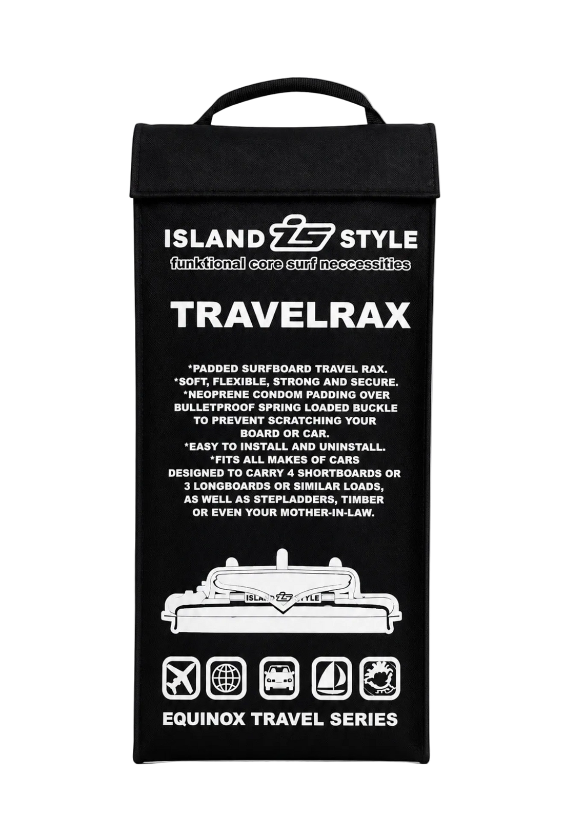 Island Style Ultimate Travel Rax storage bag showing fitting instructions