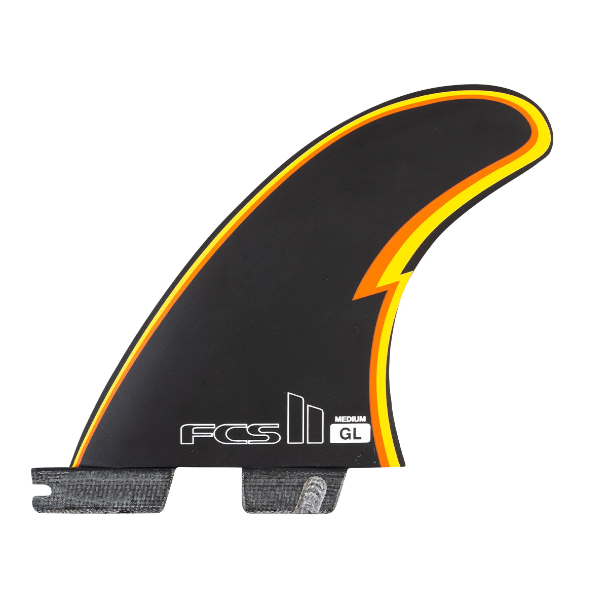 FCS II Gerry Lopez Tri Fins - Performance Core: black fin with yellow and red outline and GL logo