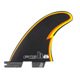 FCS II Gerry Lopez Tri Fins - Performance Core: black fin with yellow and red outline and GL logo