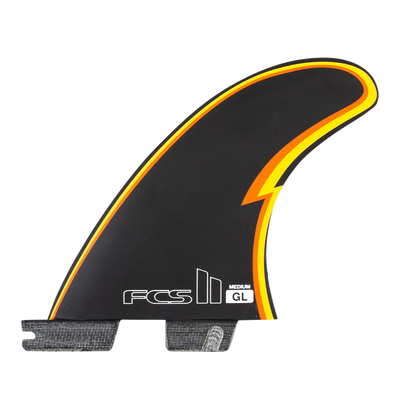FCS II Gerry Lopez Tri Fins - Performance Core: black fin with yellow and red outline and GL logo