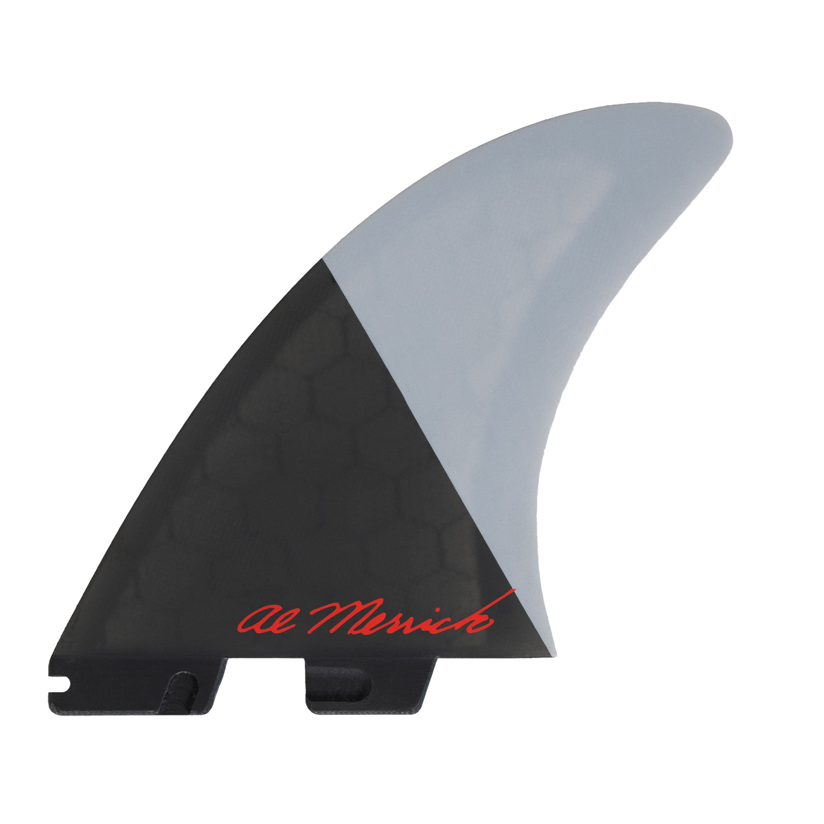 FCS II Al Merrick Twin + Stabiliser Fins - Performance Core: reverse face with red Al Merrick signature