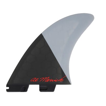 FCS II Al Merrick Twin + Stabiliser Fins - Performance Core: reverse face with red Al Merrick signature