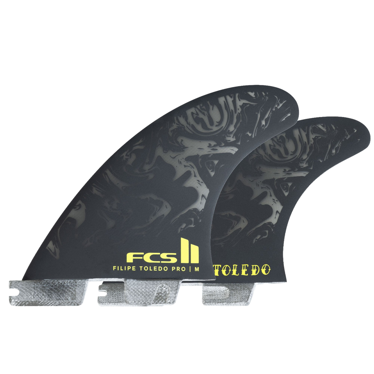 FCS II Filipe Toledo PG Pro Tri Fin Set - Performance Glass: three Filipe Toledo PG Pro fins displayed together