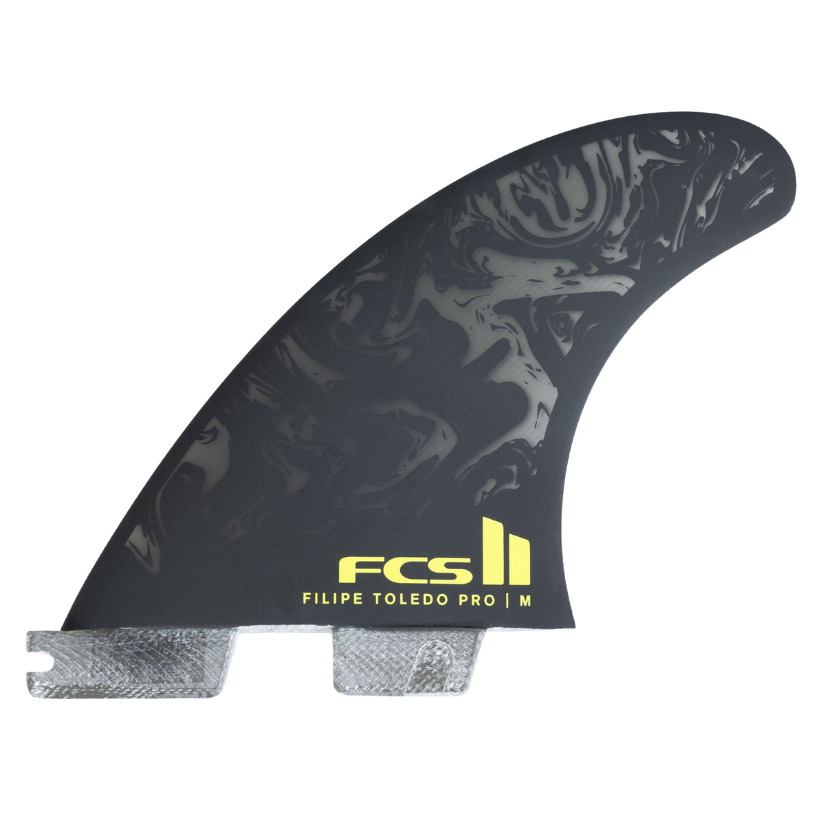 FCS II Filipe Toledo PG Pro Tri Fin Set - Performance Glass: black and Acid fin with Toledo artwork and yellow FCS logo