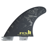 FCS II Filipe Toledo PG Pro Tri Fin Set - Performance Glass: black and Acid fin with Toledo artwork and yellow FCS logo