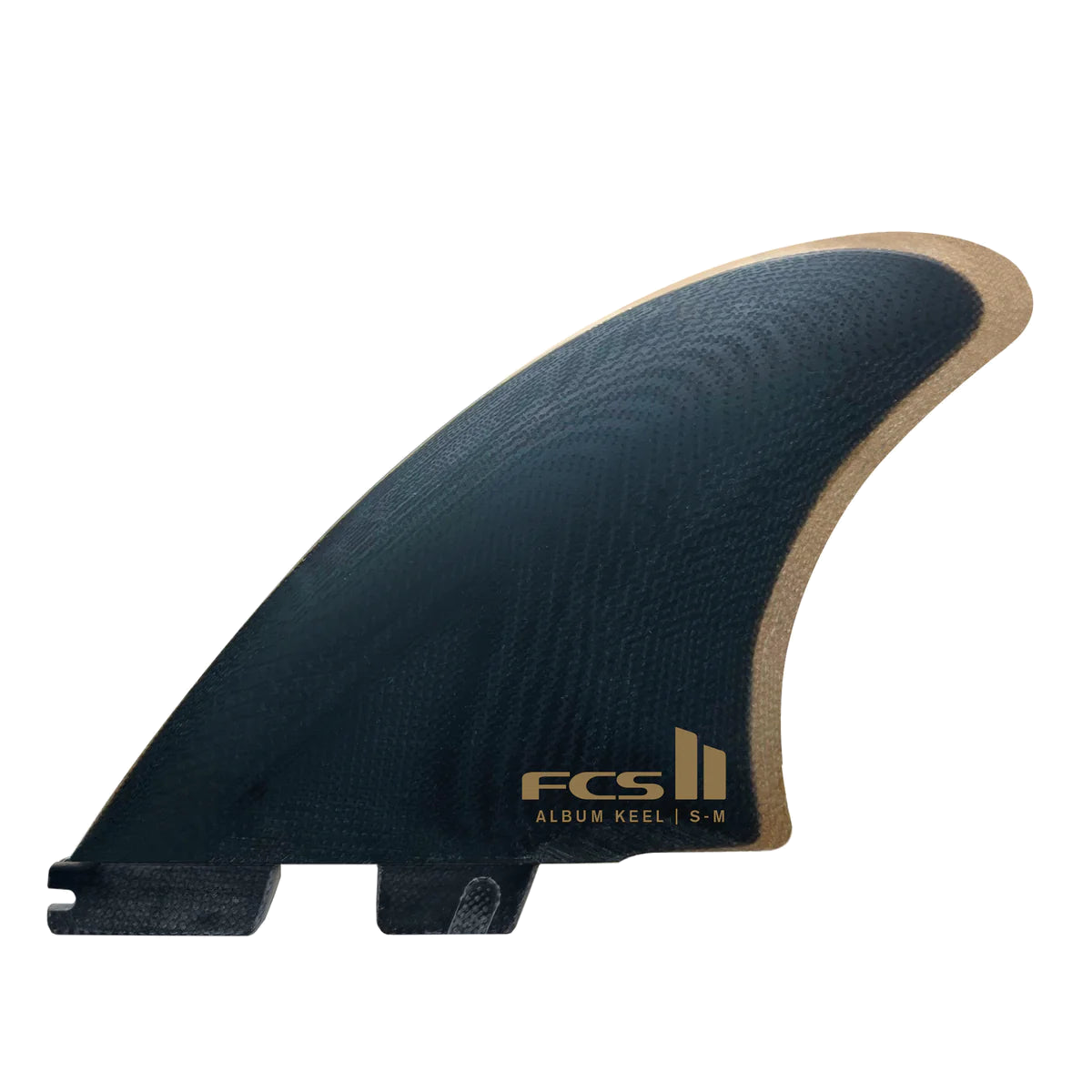 FCS II Album Keel Twin Fin Set - Performance Glass: black Album keel fin with gold outline and FCS logo