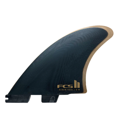 FCS II Album Keel Twin Fin Set - Performance Glass: black Album keel fin with gold outline and FCS logo