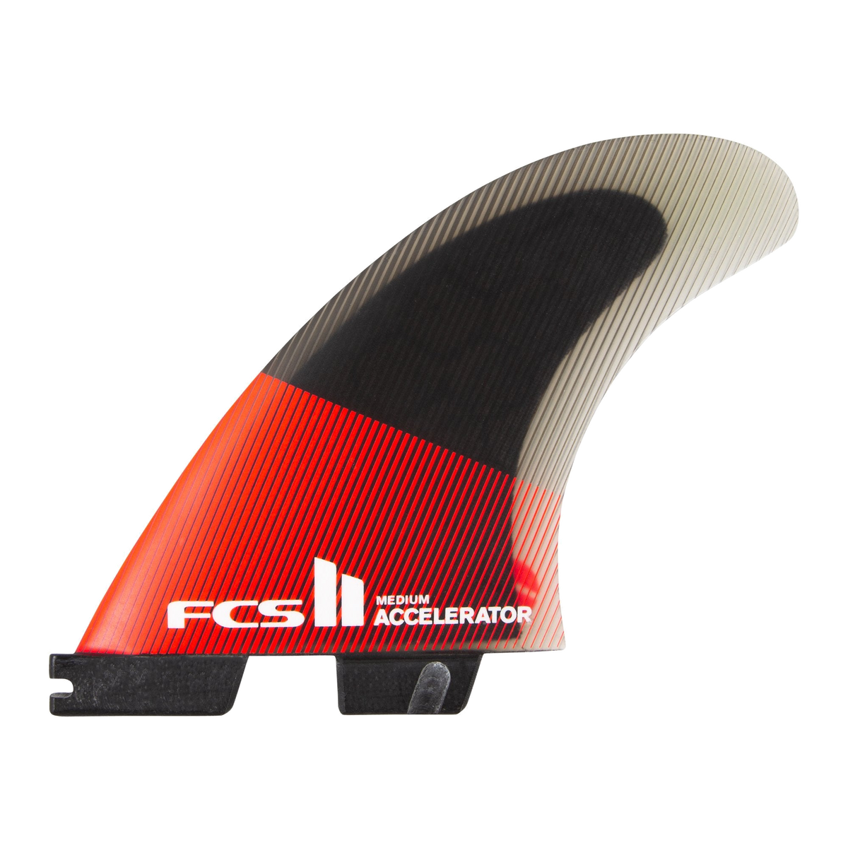 FCS II Accelerator Tri Fins - Performance Core: red and black side fin with a translucent striped tip