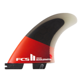 FCS II Accelerator Tri Fins - Performance Core: red and black side fin with a translucent striped tip