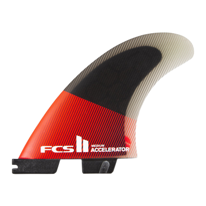 FCS II Accelerator Tri Fins - Performance Core: red and black side fin with a translucent striped tip