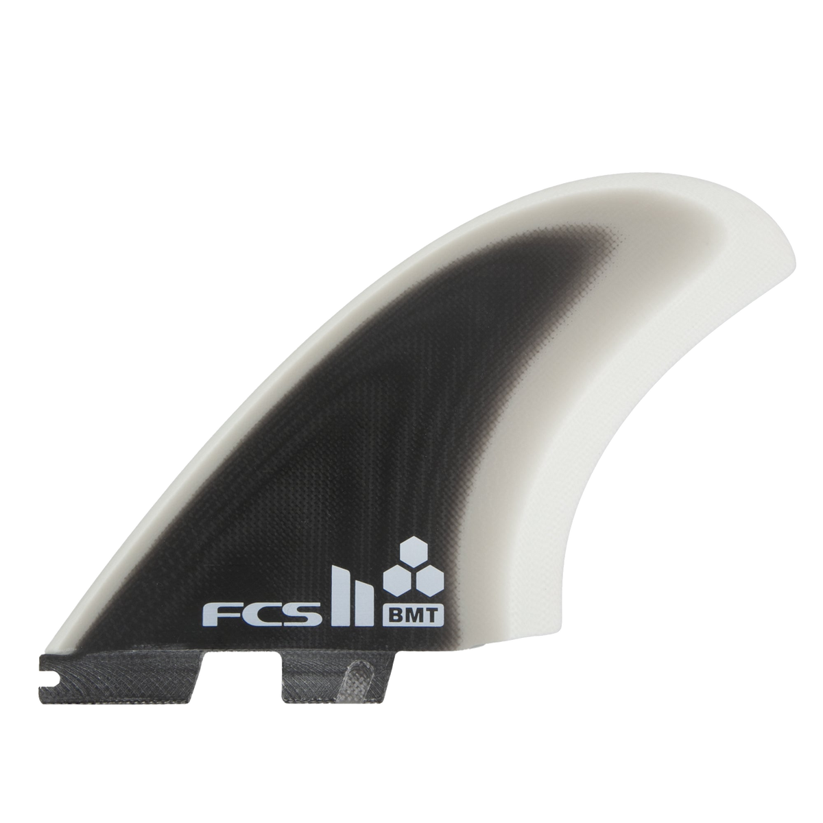 Britt Merrick twin fin showing its dark face, pale border and FCS II tabs