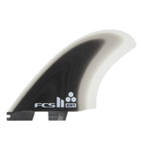 Britt Merrick twin fin showing its dark face, pale border and FCS II tabs