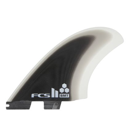 Britt Merrick twin fin showing its dark face, pale border and FCS II tabs