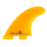 FCS II Performer Tri Fins - Eco Neo Glass: mango yellow fin with grey Performer lettering