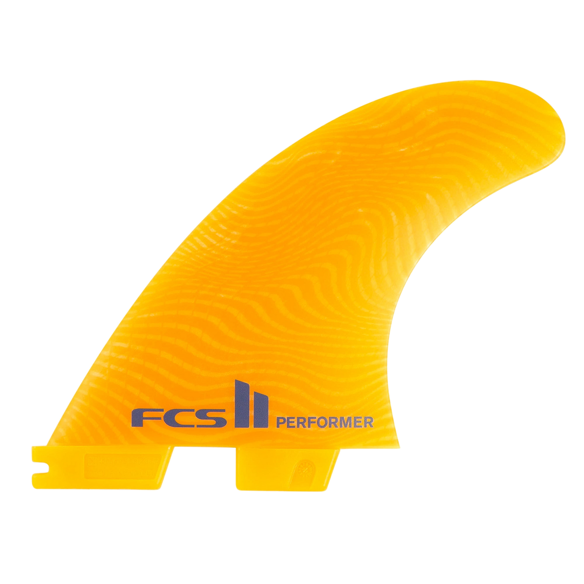 FCS II Performer Tri Fins - Eco Neo Glass: mango yellow fin with grey Performer lettering