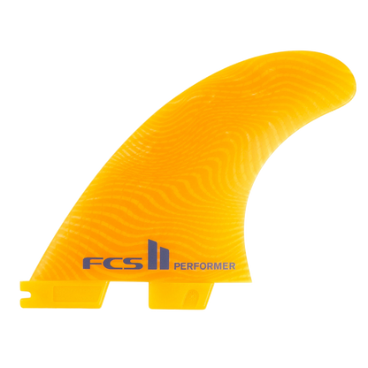 FCS II Performer Tri Fins - Eco Neo Glass: mango yellow fin with grey Performer lettering