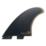 Black and gold front face of the Album FCS II Performance Glass twin fin