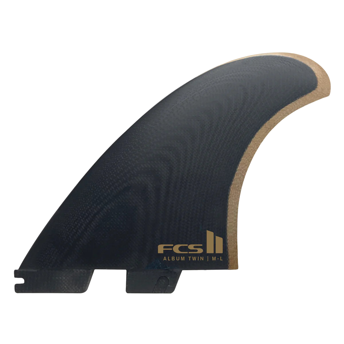 Black and gold front face of the Album FCS II Performance Glass twin fin
