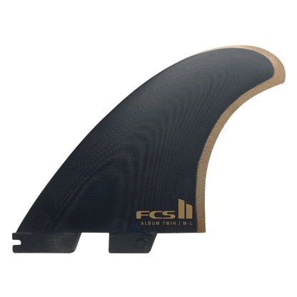 Black and gold front face of the Album FCS II Performance Glass twin fin