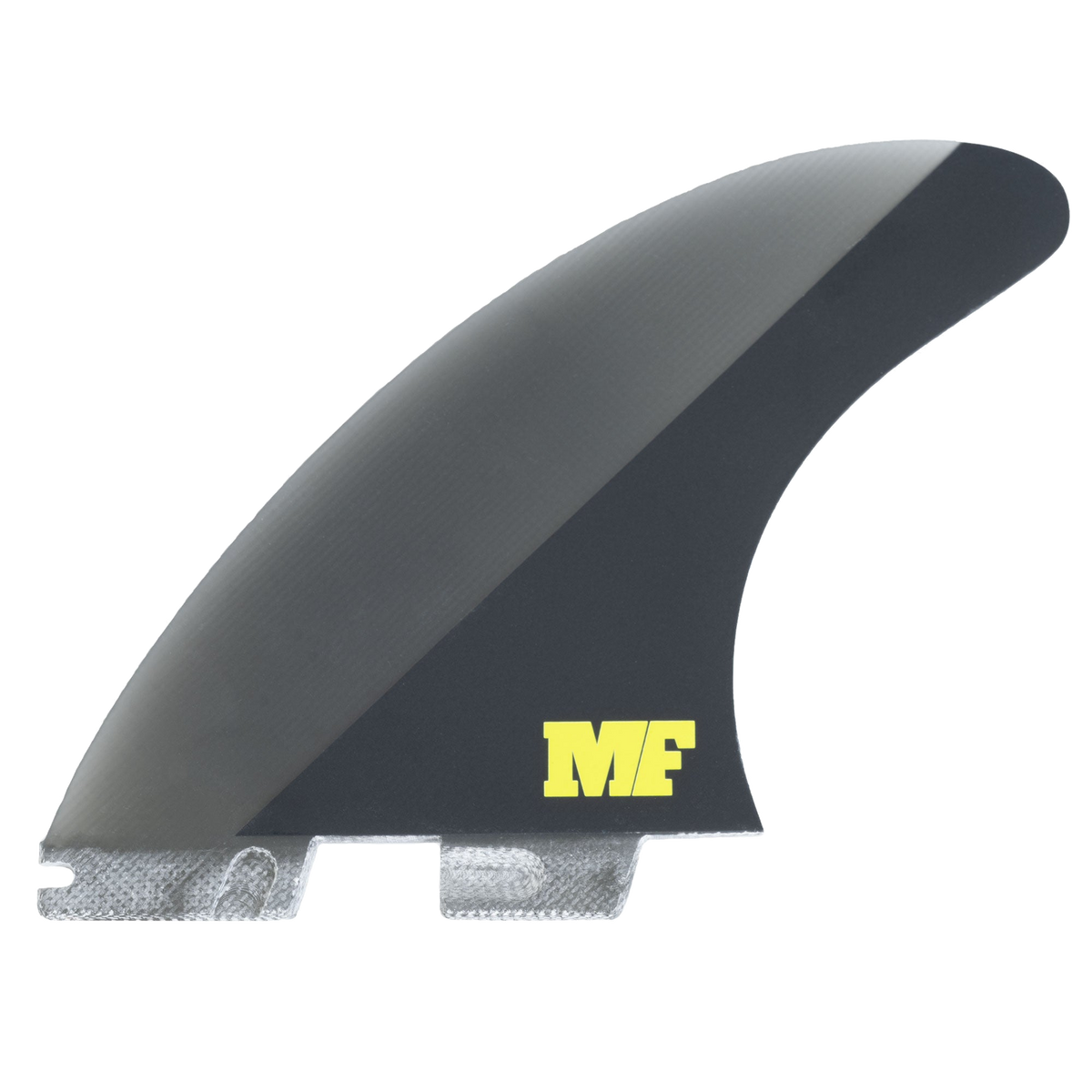 FCS II Mick Fanning PG Pro Tri Fin Set - Performance Glass: reverse face with yellow MF initials
