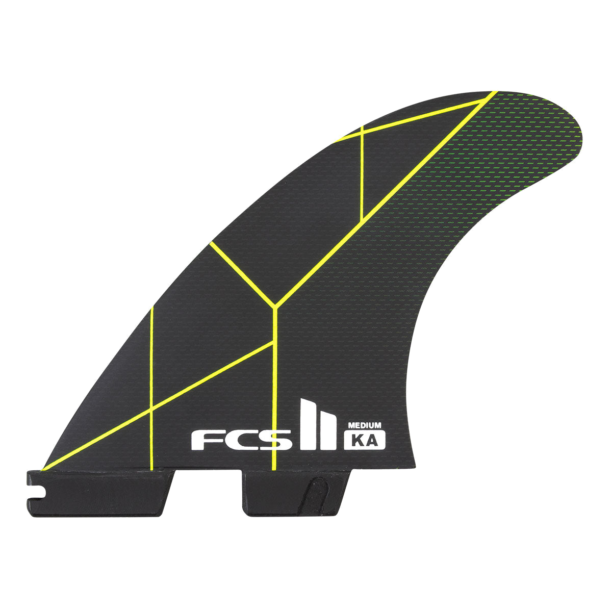 FCS II Kolohe Andino Tri Fins - Performance Core: black and Acid fin with yellow geometric lines and FCS logo