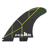 FCS II Kolohe Andino Tri Fins - Performance Core: black and Acid fin with yellow geometric lines and FCS logo
