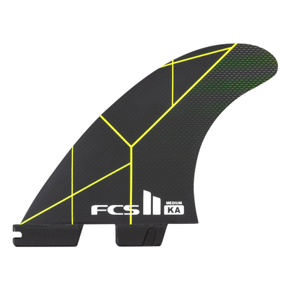 FCS II Kolohe Andino Tri Fins - Performance Core: black and Acid fin with yellow geometric lines and FCS logo