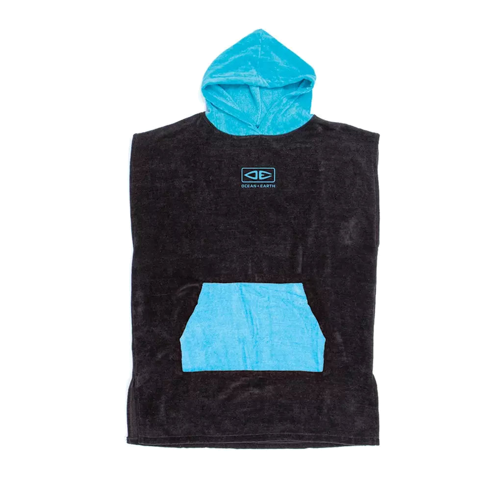Ocean & Earth Youth Hooded Poncho: Black youth poncho with Aqua hood and pocket