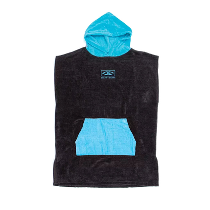 Ocean & Earth Youth Hooded Poncho: Black youth poncho with Aqua hood and pocket