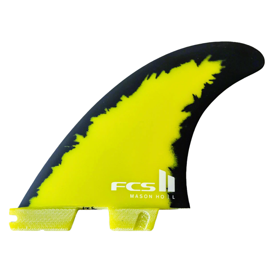 FCS II Mason Ho Tri Fins - PC + AirCore: black and Yellow fin showing an irregular yellow flame edge
