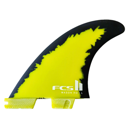 FCS II Mason Ho Tri Fins - PC + AirCore: black and Yellow fin showing an irregular yellow flame edge