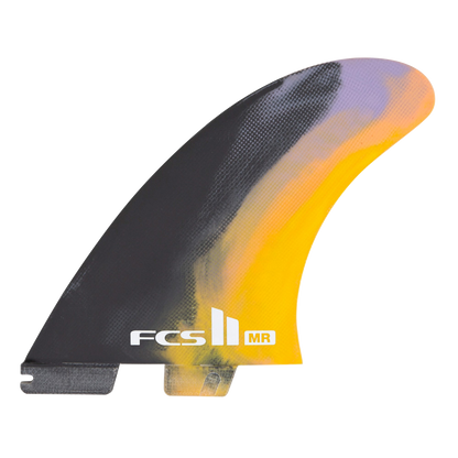 Black and multicolour swirl artwork on the Mark Richards FCS II twin fin